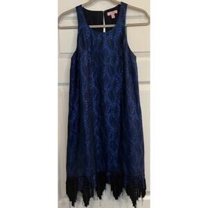Lilly Pulitzer Silk Cocktail Dress Sz XS Navy Metallic Fringe 20s Flapper Formal